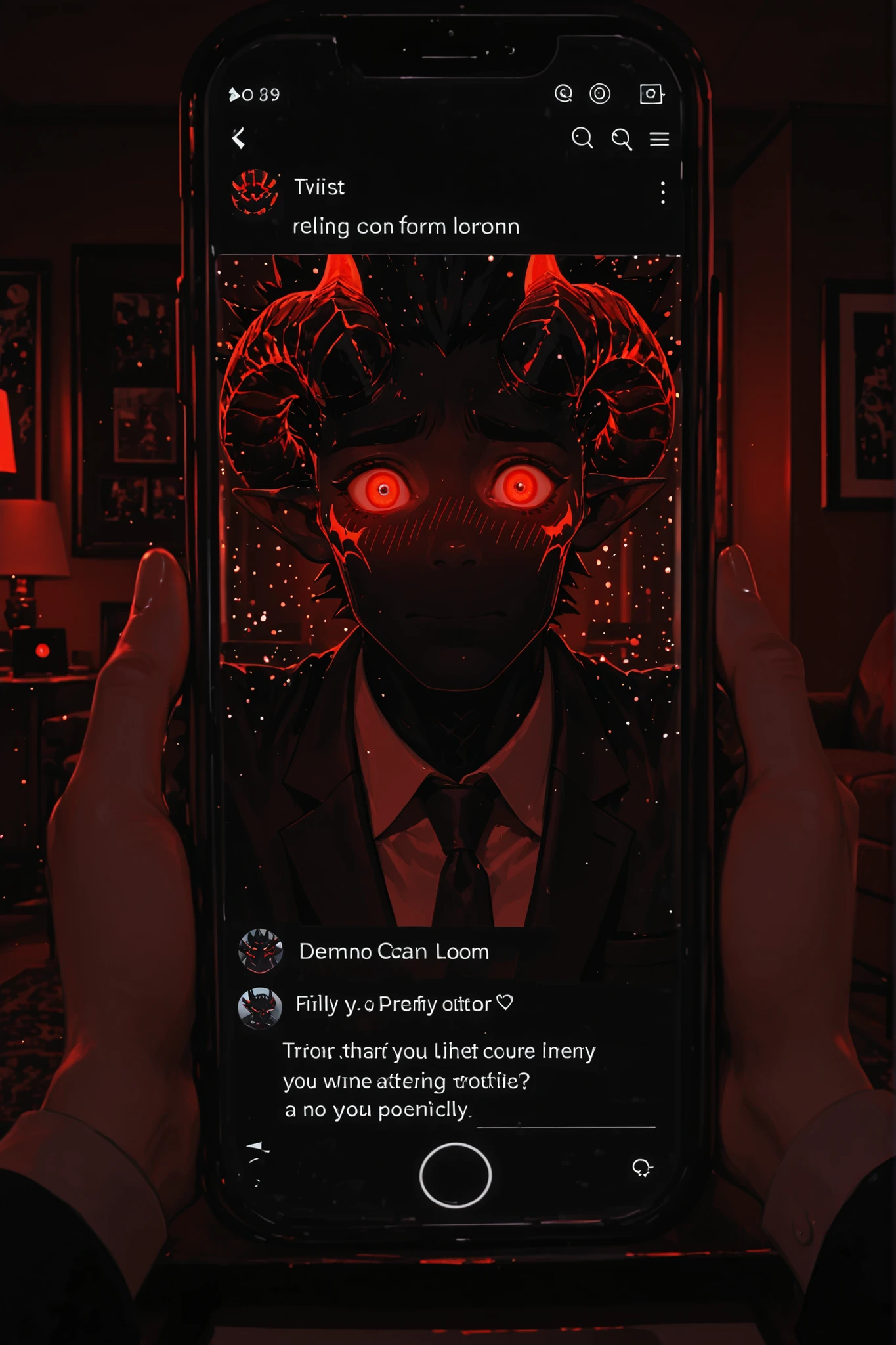 photography, finely detail, demon lord character, red eyes glowing, business casual attire, demon horns, trying to text, nervous posture, modern living room, floating magical particles, embarrassed blush, detailed phone screen reflection, atmospheric lighting