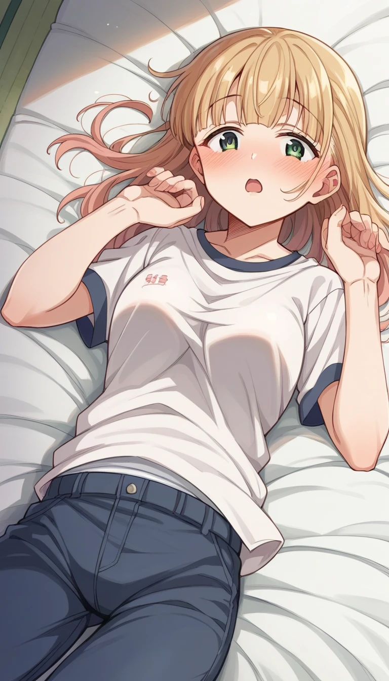 Very detailed、(8k, RAW Photos, highest quality, masterpiece:1.2), (Very detailed 8k wallpaper),shape、Professional Lighting,Sharp focus, Written boundary depth、
Browsing Caution、Clear Eyes、Perfect Anatomy、With a girl、blonde、、、、15 years old、Cute Chibi T-shirt、、denim micro mini skirt,、,Her plump thighs are in full view、Sleeping in bed、From below