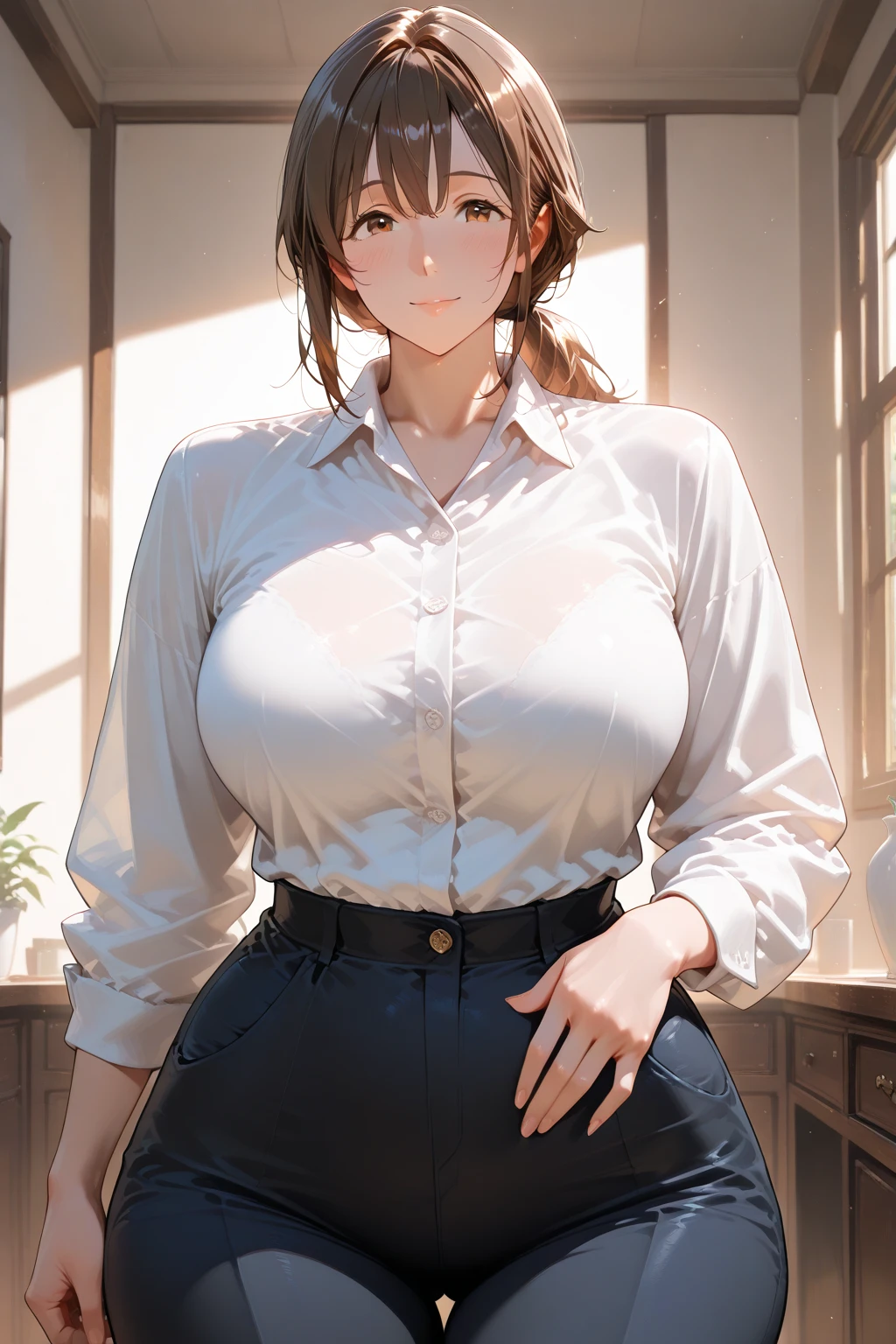 ((masterpiece)), (best quality:1.7), (detailed:1.4), (high res:1.4), 8k, (colorful:1.5), high resolution, sharped image, 4k, hd, (beautiful detailed background:1.2), (beautiful lighting:1.2), (highly detailed:1.2), perfect lighting, (8k wallpaper:1.2), (highly detailed:1.2), (extremely detailed CG:1.2), ((dark brown medium long straight hair with bangs covering an eye)), (hair bangs covering one eye), ((only dark brown hair)), ((busty)), curvy figure, (((hazel-green eyes))), lab outfit, lab coat, button up blouse, jeans, glasses, mature, (((30 year old))), human adult, tall, fullbody
