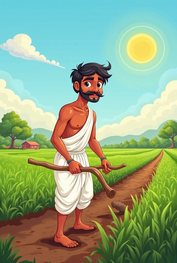 Dhruv’s Healthy Crops After the Rain
Description: In a comic style, Dhruv is standing in his field, now lush and green after the rains. He’s holding a healthy stalk of wheat, looking proud and content. He’s still dressed in his white dhoti and brown kurta, which are now clean and bright under the sunlight.dhruv must look indian