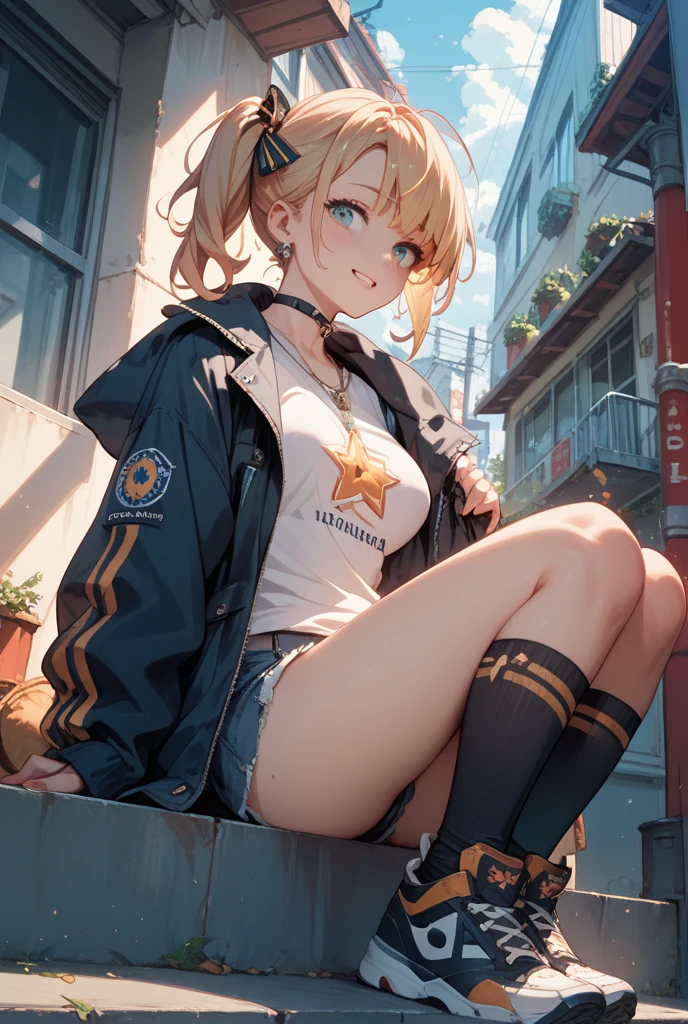 table top, high quality, 最high quality, High resolution, 4K, High resolution, beautiful lighting,highly detailed face, well drawn hands, beautifully drawn legs,well drawn feet,well drawn eyes,1 girl, Iroha, brown hair, long haired person,Police hat,sexy police uniform,shorts,white tights,short boots,In town,crowd,night,smile