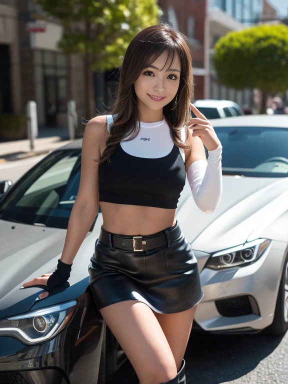 (8k, highest quality, masterpiece: 1.2), (Realistic, Realistic: 1.37), Super detailed, One Girl, cute, alone, (Tifa Lockhart), (Small breasts), (美しいeye), (smile: 1.2), (Closed), Sexy pose, dance, neon, Cityscape, Depth of written boundary, Dark strong shadows, Sharp focus, car, Motion Blur, bike, Depth of written boundary, composition, Glowing green, Final Fantasy VII, date, (Nose brush), single Elbow pads, Ankle boots, Black Hair, Black Skirt, black thighs, red boots, Elbow hand pockets, Elbow pads, Fingerless gloves, A tight shirt, Play sports often, (suspender Black Skirt), thigh, White tank top, whole body, Headrest, lips, Beautiful Face, Low Thai Long Hair, (red_eye)), Yellow Flower, (night: 1.3), Complex, Bokeh, Cinema Lighting, Photon Mapping, Radio City, Physically Based Rendering, (Tetsuya Nomura Style)