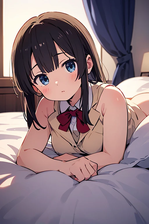 alone, One girl, Crown braids in the same color as your hair, hair ornaments, Hair Ribbon, Pink tie, Black long sleeve, Knee socks, Cleavage, Lying in bed、Black Hair、(Embarrassed face:1.7)、(blush:1.7)、(Black string panties are visible:1.2)、、I can see my thighs、(Sweat:1.5)