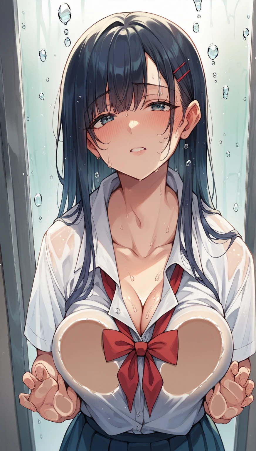 Highest quality, Super detailed, masterpiece, Ultra-high resolution, 8K, Embarrassing, blush, Lovely, Close one eye, With tears in her eyes and her mouth open, drooling, Twin tails,1girl, tifa lockhart, final fantasy, arms behind head, wariza, (off-shoulder sailor uniform, micro mini skirt), under boob, crop top navel, medium breasts, Absolute area, Waistline, Shower room