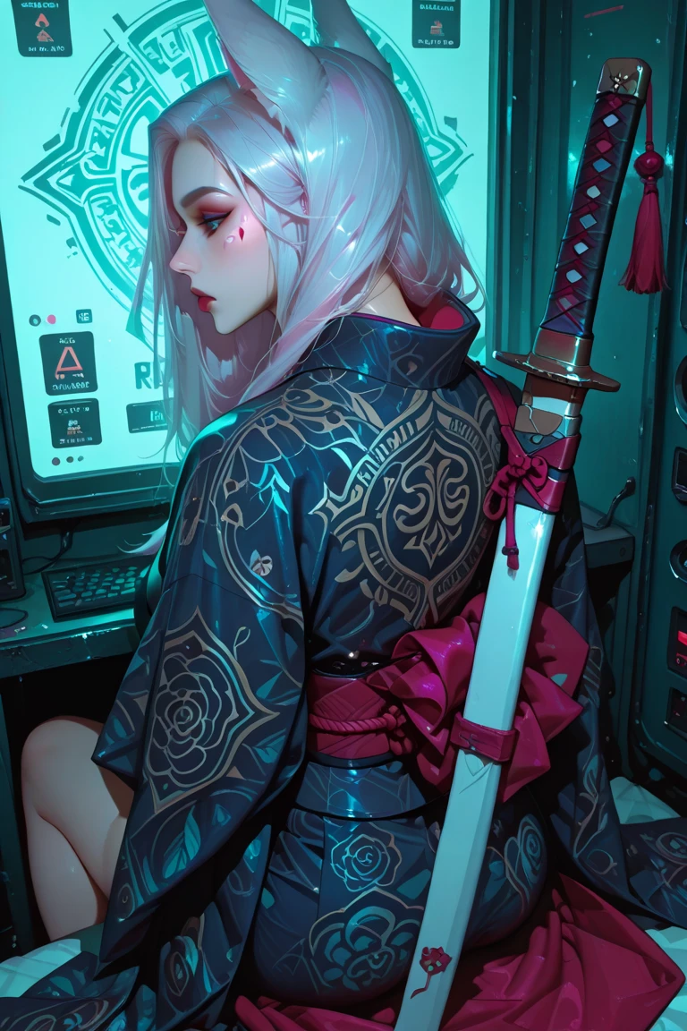 Anime-style image of a woman in a dress holding a sword, Digital art on Pixiv, Gwaiz on pixiv artstation, artstation pixivでトレンド, Gwaiz on artstation pixiv, Zerochan Art, Very detailed fan art, Gwaiz, artwork in the style of Gwaiz, 8K high quality detailed art A 17-year-old Japanese girl with vibrant hair colors, long hair, daring hair styling, slender figure, plump cheeks. She embodies the punk rock aesthetic, dressed like a punk rocker with bold attire, large sunglasses, a defiant expression. She stands at 170 centimeters tall, weighs 30 kilograms, wears long boots, with her thighs visible under a red pleated skirt. Adorned with numerous silver accessories. Depict with distinct outlines, using colors other than black for the outlines, using colorful hues for the outlines. She's into girls' rock, punk, Electric guitar, vibrant colors, stages, and backed by a band. An underground clubhouse with colorful lighting amidst the darkness. Colorful candies resembling mountains of treats are plentiful, strewn all around. A tall, well-built man with blonde hair is present, adorned with tattoos, a nose piercing, and a split tongue.
