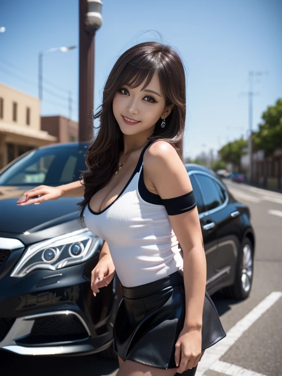 (((One Shoulder Grid Girl Costume))),(((Showing cleavage))),(((Miniskirt lift))),(((Exposing the inner thighs))),(((Formula One car unveiled))),Urzan-6500-v1.1, (RAW Photos:1.2), (Realistic:1.4), Beautiful detailed girl, Very detailed目と顔, Beautiful details, Very detailedな, High resolution, Highest quality, masterpiece, Very detailed, 8k wallpaper, wonderful, In detail, Highest quality, Light on the face,Light,One Girl,(Auto Racing Track),Beautiful Eyes,smile,Open your mouth