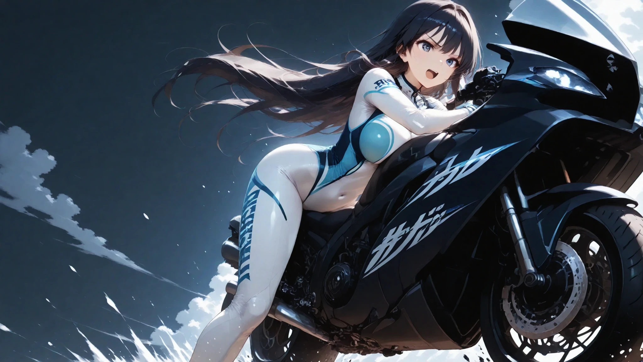 (top quality, masterpiece), 1girl, intricate details, (shading realistic lighting), huge file size, high resolution, elegant, realistic, (perfect anatomical depiction of the human body), teenage girl is stopping her motorcycle on the beach at dark sunset and looking somewhere, serious expression, the girl has whitening skin blue eyes and partially braided long hair is a brunette Japan, japanese, (the girl has very big), (the girl has super big), (the girl has a thin waist), (the girl has thin thighs), (the girl has a baby face), ((the girl wears a white bodysuit with smooth thin fabric)). (The girl's bodysuit has very cramped breasts), (The girl's white bodysuit has crimson lines on the outside of her limbs), (The girl wears a white bodysuit, red-white boots and gloves so she can't see any skin except her face), (The girl's bodysuit crushes her large breasts and spreads to the side), (Beautiful big blue eyes), (Thin and clear double eyelid lines in the eyes), ( Tear bags with glossy, plump and bright tones under the eyes), (pale blue iris), (some highlights on the iris and pupil), (red representation of the conjunctiva), (long eyelashes that are well visible), (taut swimsuit with super big), (skin and hair glistening in the setting sun from behind), (hair fluttering heavily in the strong sea breeze and shimmering in the backlight of the setting sun). ((The girl is standing in front of the motorcycle and looking into the distance)) , (shot showing the whole body, the motorcycle, the sea and the sunset), The motorcycle is a one-light naikit type, Holding a black helmet in one hand, The sun is dyed crimson on the horizon behind it, the sky has a gradient to a dark purple that is darker as it moves away from the crimson of the horizon, a very dark scene that is almost night, strong contrast between light and shadow, perfect hands, nice hands, mirage farina,