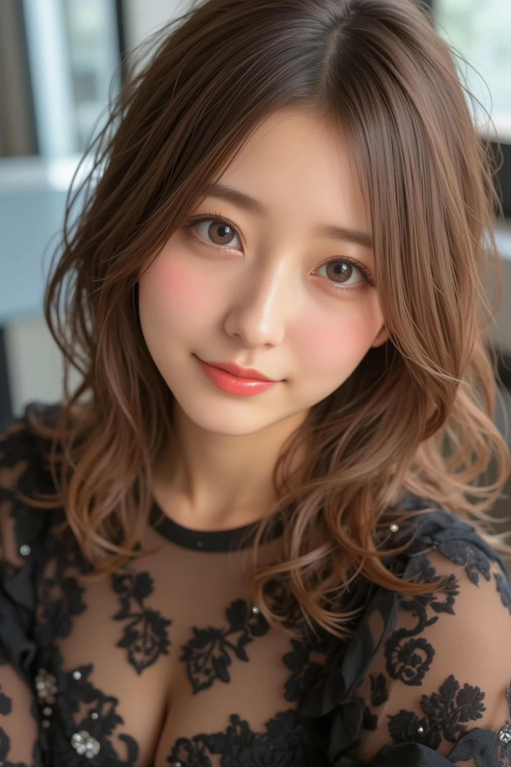 Upper body photo、Take close-up photos of your face、Large Breasts、 Large Breastsの谷間, Natural Lip、Fair skin、Great light、Beautiful lighting、Brown Hair、Blunt bangs、Detailed embroidery、Off-the-shoulder dress、Gorgeous Accessories、Outdoor Background、smile、かわいいsmile、Crowds in the city