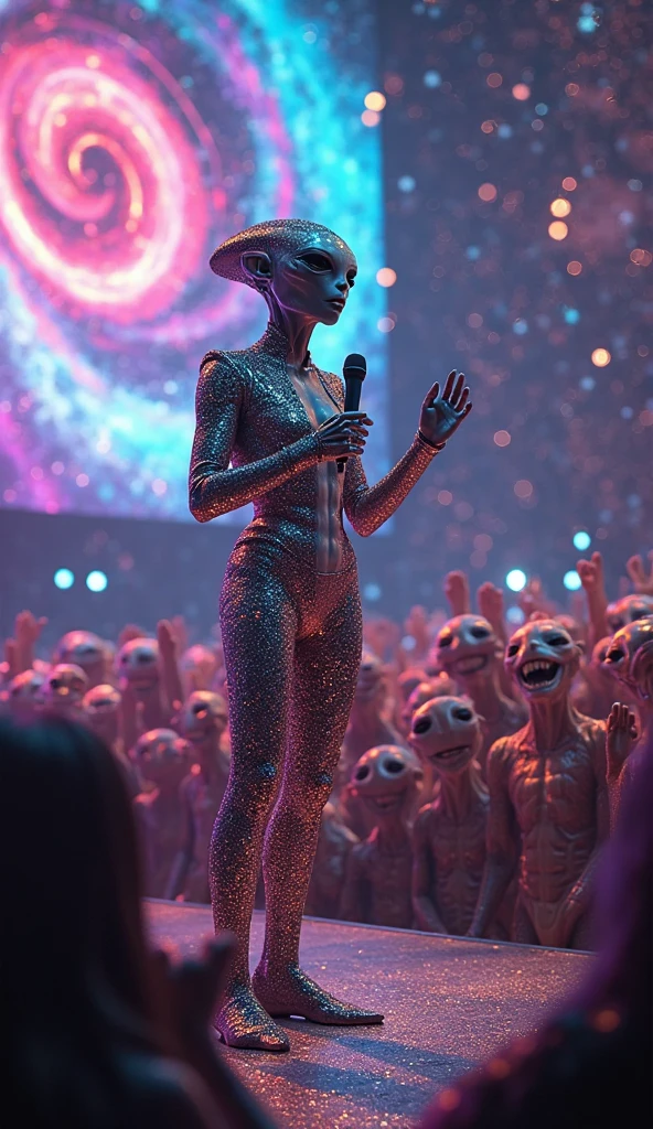 cinematic quality, a space alien waving to a gathered crowd of humane