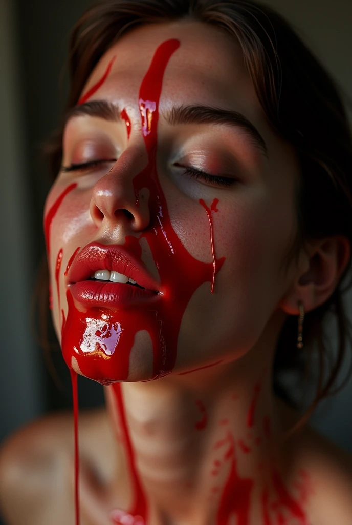 a realistic young woman melted and melted on a plate, in the middle of blood coming out of the neck and the head with lively open eyes and a beautiful mouth 