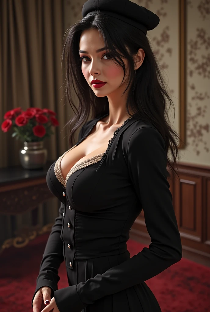 8K,masutepiece, Highest Quality, (((masutepiece))), (((Maximum level))), ((extra fine)), ((Extremely delicate and beautiful)), Dynamic Angle, floating, (Beautiful detailed eyes), (Detailed light), (One Woman), (Long hair on a huge chest, dark brown sparkling eyes, dark brown hair, bodycon dress, natural, (Sunlight), (Painting), (sketch), (flower), slight smile, Pastel colors, FULL ANATOMY, Upper body, extremely detailed beautiful face,