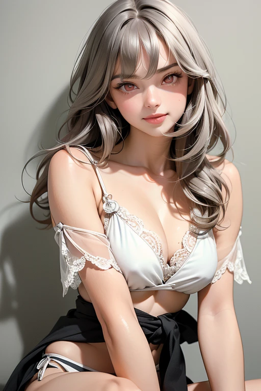 Closeup, Best quality, masterpiece, realistic, Beautiful sexy cool tall, slim, fit woman, wearing fancy silver-white pushup bra and black panties, cleavage, long silver hair