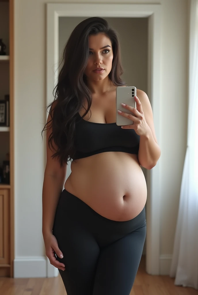 E-girl white light skin 17years Black long hair , pregnant belly, wearing sport bra and pink bottom bikini, chubby, black fishnet stockings