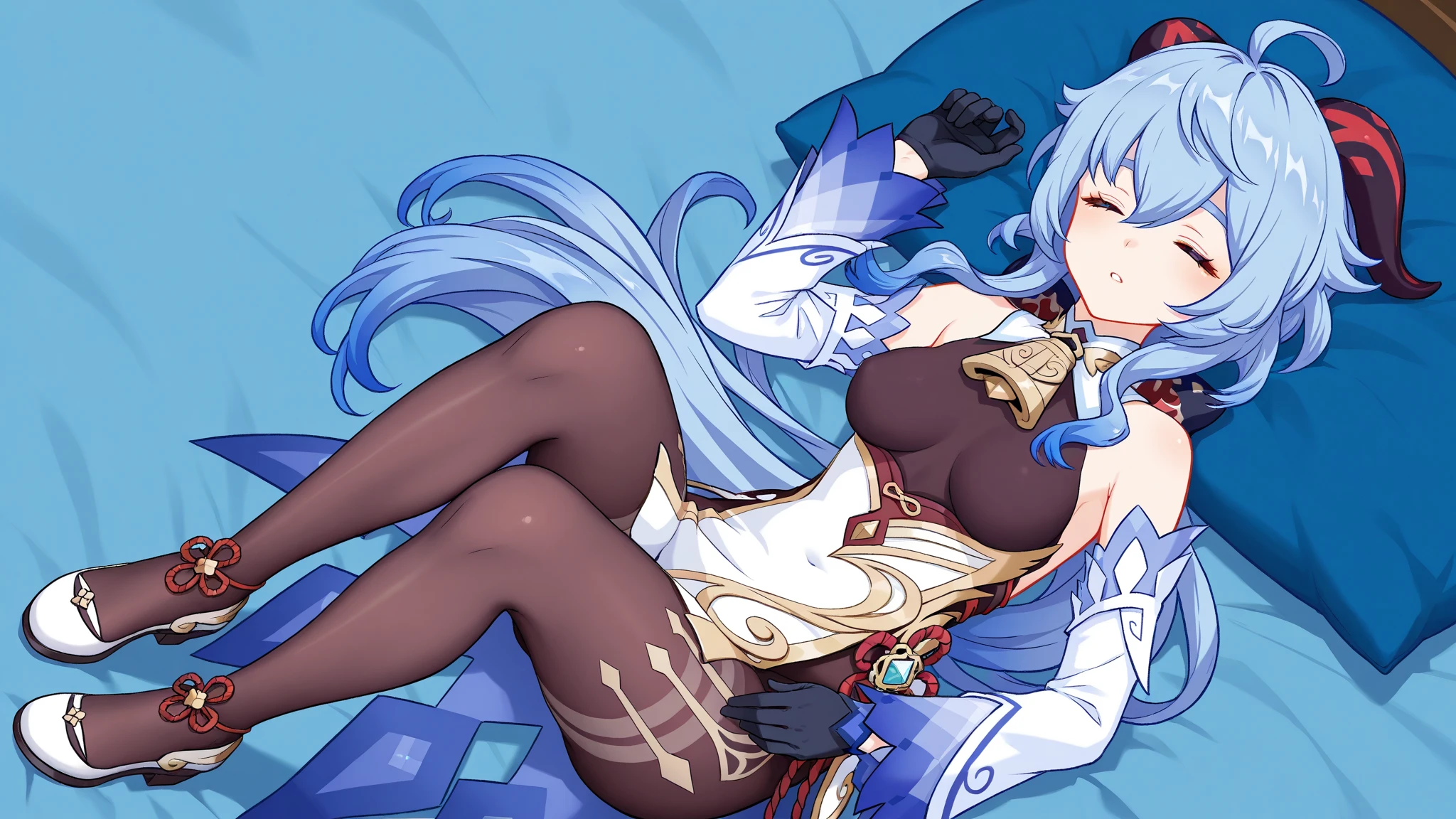 tmasterpiece, Need, 1girl, solo, long whitr hair, , looking at viewert, By bangs, mitts, cropped shoulders, middlebreast, sitted, blue hair, purpleeyes, florals, ahoge, lacepantyhose, the sleeve, cow horn, Black gloves,Eau, high-heels, From the side Side, black pantyhoses, sideboob, ganyu (genshin impact), Ganyu,