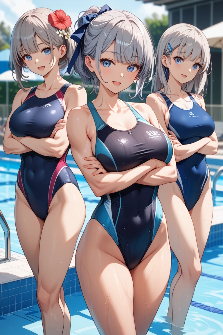 masterpiece, Highest quality、(Three women in their 40s:1.6)、Great smile、Huge breasts、short hair、bangs、 (white one-piece swimsuit:1.6), Pool、Poolサイドに座っている, Dipping legs in water、Leg spread, 3/4. Body View、