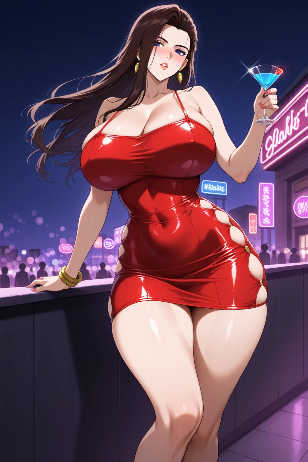 1girl, azula from avatar the last airbender,(((bimbo))),hoop earrings, puffy lips, painted lips, thick lips.
, wide hips, thick thighs, bursting breasts Nightlife, Night city, Cyberpunk city, futuristic cityscape. Neon lights, (skyscraper:1.1), Tokyo tower, palm tree, cloth sign, ramen stall, night club. bright city lights, exotic car. alcohol, bar, ramen, soup stall ,alcohol bottles, flashing her tits, see through clothes