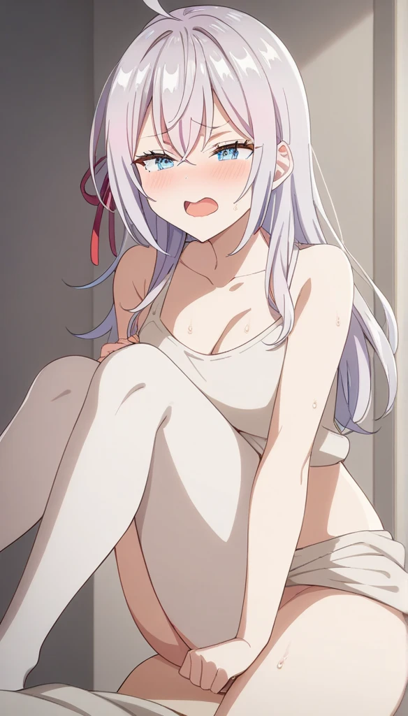 girl, furry, sitting on the sofa, legs open, medium breasts, natural lights, embarrassed, ashamed, naked, hands on the sofa, Grey hair, black ears