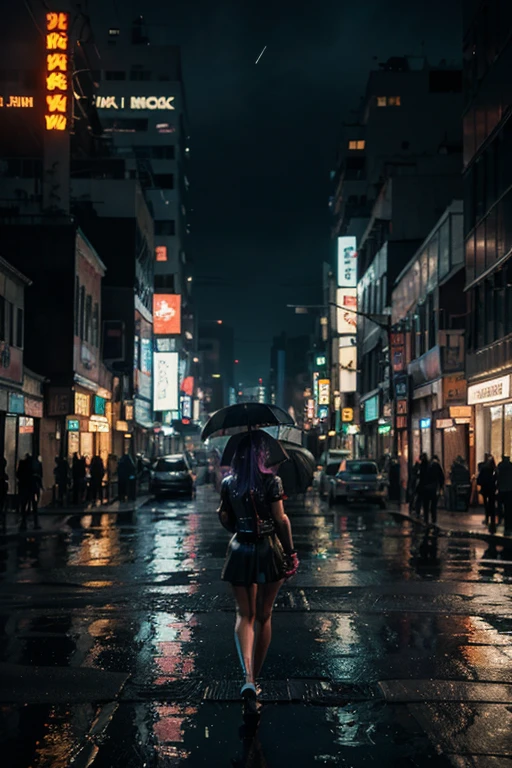 （best qualtiy，tmasterpiece：1.3）， 1girll， rainy days， mist， alleys， looking at viewert， blue  hair， facing the photo， Cyberpunk-city， Alone in the alley， Neon lights in the alley， Very reflective city， long whitr hair， Hair-sized strands cross the alley， Riman， jpn， toyko，Black louvered skirt,thongs，Long black stockings， perfect hand，delicated，the night
