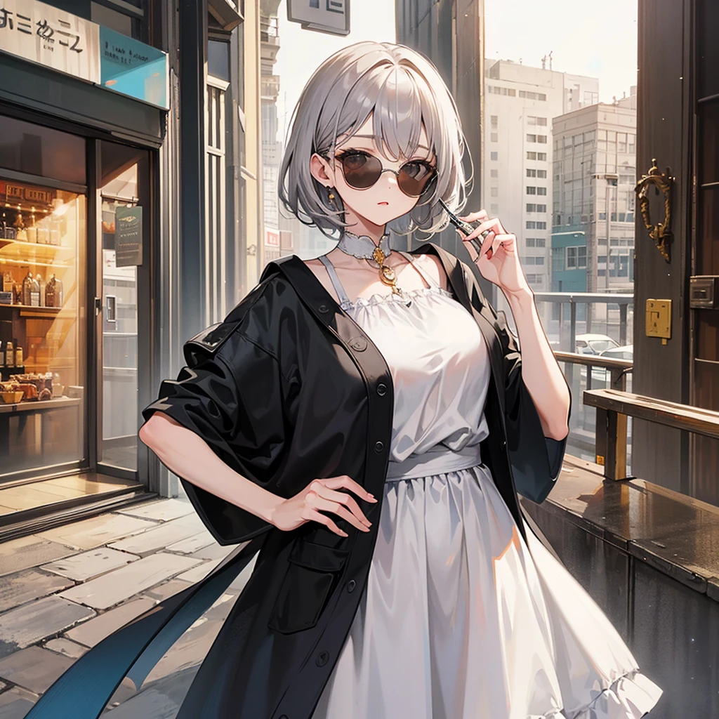 Solo ((perfect hand: 1.2)),Strong strip, Beautiful skin, White skin, , Round sunglasses, Both eyes covered, totalitarianism, earrings, Cute lips, Beautiful, white  shirt, Black tie, , beautiful  lighting, Best Shadows, dynamic ungle, hightquality, top-quality,1 girl in, purple color  hair、Purplish pink eyes that dreamers desire, (Blonde hair) , small stature, Colossal , Lori, (masutepiece:1.2, Best Quality), (finely detailed beautiful eye: 1.2), (beautifull detailed face), (Best Illumination, extremely delicate and beautiful), ((Cinematic Light)), Dramatic light, (Pale white background:1.5), Short bob hair（1:3）、Ultra Contrast、Braid a little around the ears, 鎖骨,、Perfect Finger、Stylish coffee shop、(((only has 5 fingers)))、mocking look、nffsw,Arms crossed、grab the arm、Best Quality、Large 、muscular and thick 、high-level image quality、hightquality、8K,perfect hand、only has 5 fingers、Perfect Finger、T back、noise cut、god angle、A smile、Shopping street with falling snow、midwinter knit jumper、 top-quality、hyper HD、Arafe woman in coat and hat talking on mobile phone, Fashionable woman, elegant girl in urban outfit, posing in an urban street, beret and sunglasses, Clothes in warm colors, wearing an elegant outfit, wearing a French beret, standing in a city street, Woman in trench coat, modern fashion outfit, purple color  hair, Purple eyes, Black sunglasses, Lips