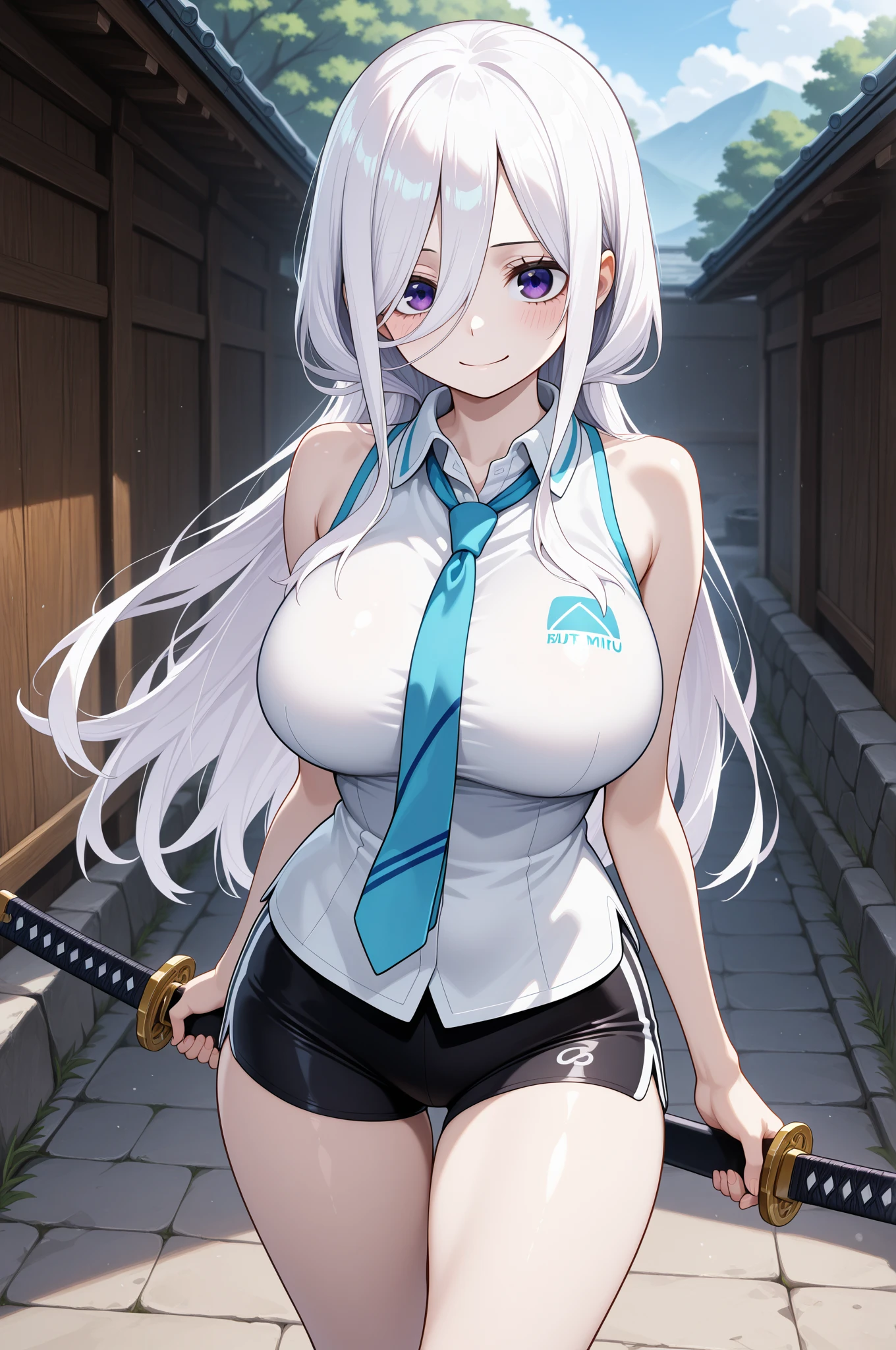 (((masterpiece))), ShizukaMikazuki, One Girl, alone, View your audience, Long Hair, Gray Hair, Long sleeve, Cleavage, Quite large breasts, Close your mouth, clavicle, Mature Body,Abdominal muscles,Blushing,Jacket, Open clothes, open ミリタリーJacket, サックスブルーJacket,White shirt with an open chest,Black hot pants, Play sports often, Bicycle in the background,blue eyes,natural Park