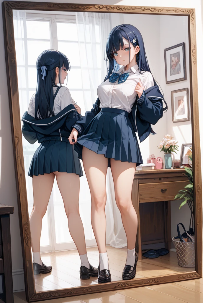(((masterpiece, highest quality, High resolution, 超High resolution, Perfect Pixel, Depth of written boundary, 4K, RTTX 10.0))), Beautiful Anime Woman, Beautiful art style, Anime characters, ((Smooth texture, Realistic texture, Anime CG Style)), Exact finger count、Exact number of legs、(Exact number of arms:1.0, Exact number of hands:1.0), (Perfect hands, Perfect ???????), Cinematic, Realistic, Extremely detailed CG, Daytime lighting, Perfect lighting, Best Shadow, The best natural light, whole body, Perfect body, (Slender body:1.2), whole body, ((bangs, Dark brown hair, Stylish and cute bob cut)), ((A cute woman is standing and lifting her skirt.:1.3)), (Fashionable white shirt, Sailor collar, Knee-high socks, loafers, Navy pleated mini skirt:1.3), ((Sexy and cute panties, (Stylish shiny light blue satin panties:1.2), Side-tie panties, Small lace panties:1):1.3), (beautiful and very large breasts:1.1), (Beautiful and thin thighs:1.3), Short torso, Feeling embarrassed, (blush:1.2), (Embarrassed expression:1.4), (In the lingerie shop:1.3), Angle from the front