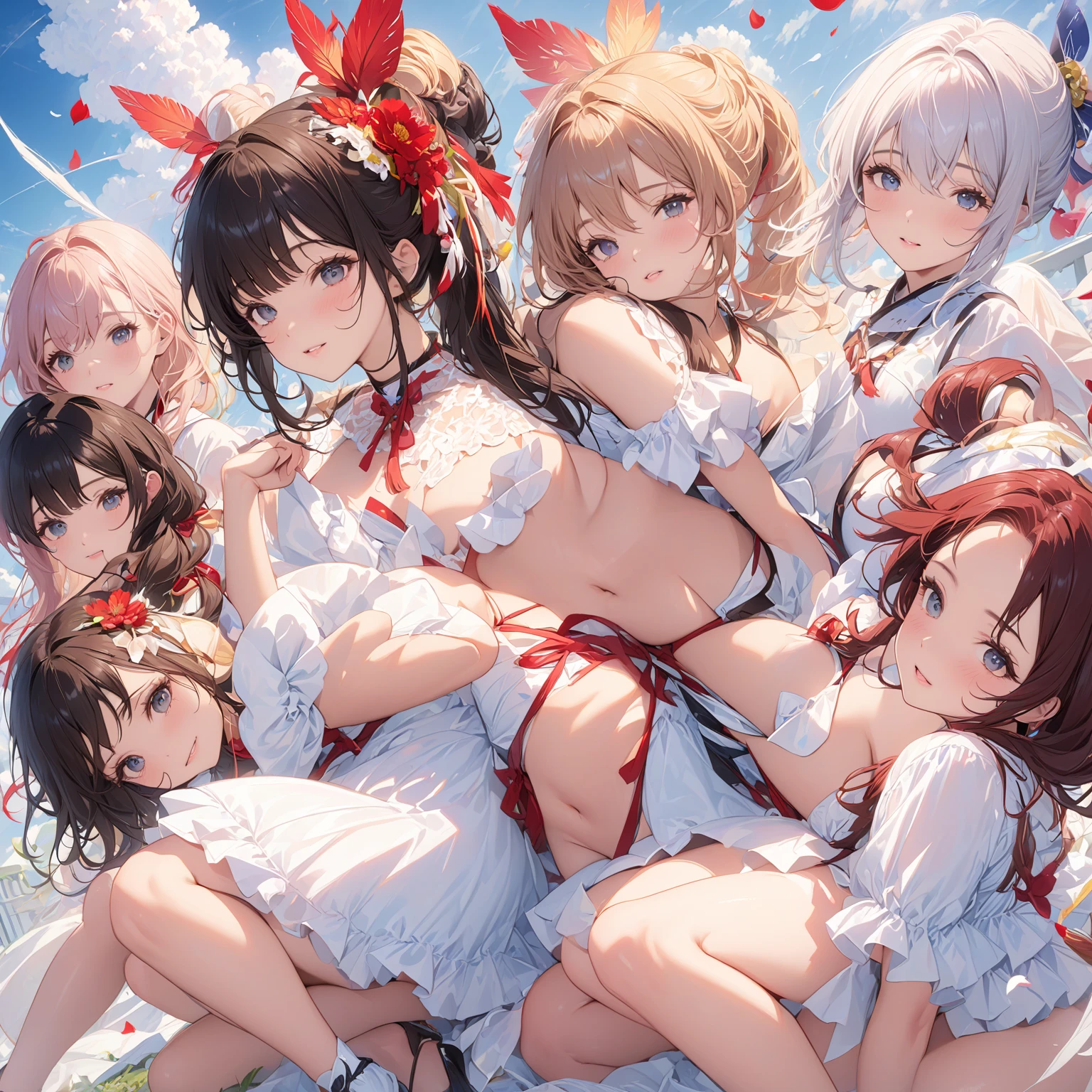((highest quality)), ((masterpiece)), (3 girls:1.5), Three cute girls are posing for the camera in a pink flower field at night。, (shirtを持ち上げる:1.3), (three people standing together), (Close-up shot from the waist up), (open your mouth and smile:1.3), ray tracing, ((topless)), (), nipple, chest, hair band, head band, hair bobble, blouse, shirt, (high resolution face:1.5), (High definition finger 1.5),4-year-old, 5 years old, 6 years old, 7 years old, ((No panties)), Pussy, No skirts, Asian, Westerners, silver hair, brown hair, blonde, (belly button), jewelry, looking at the viewer, necklace, long hair, short hair, (abs),(written boundary depth),