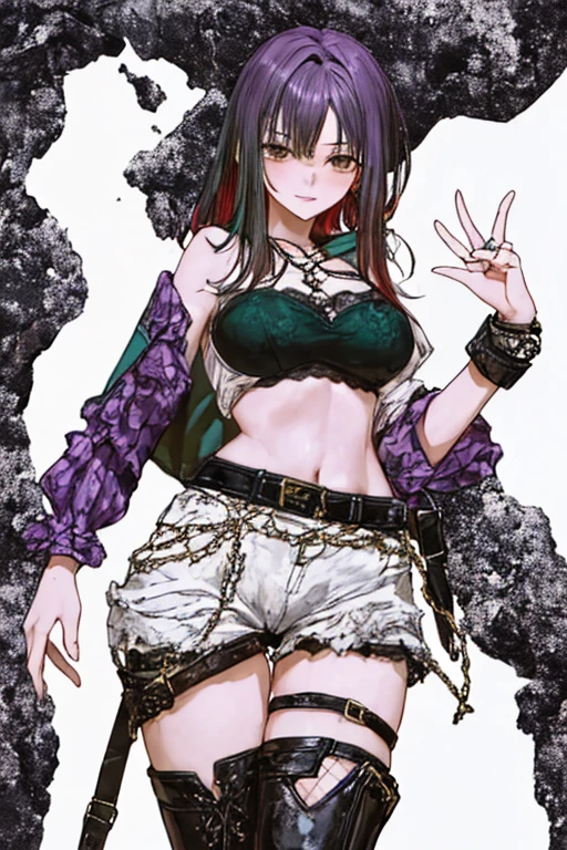 masterpiece, best quality, hikage (senran kagura), 1girl, solo, torn pants, torn clothes, green hair, tongue out, tongue, breasts, navel, pants, tattoo, short hair, yellow eyes, knife, licking, denim, torn jeans, shirt, looking at viewer, belt, jeans, large breasts, full body, weapon, midriff, earrings, off shoulder, white background, jewelry, bare shoulders, holding, torn shirt, simple background, petals, <lora:hikage_senran kagura-000012:0.7> <lora:Senran_kagura_style:0.5>