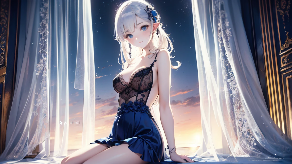A detailed portrait of a girl sitting outdoors at night, looking at the starry sky with the milky way, surrounded by a night cityscape with buildings silhouetted against the night sky, long white hair. wearing a slightly revealing dress, sexy legs, precise cleavage, (best quality, 4k, 8k, masterpiece: 1.2), ultra detailed eyes and face, extremely detailed blue eyes, beautiful detailed eyes, beautiful detailed lips, sky, stars, starry night, night, 1 girl.