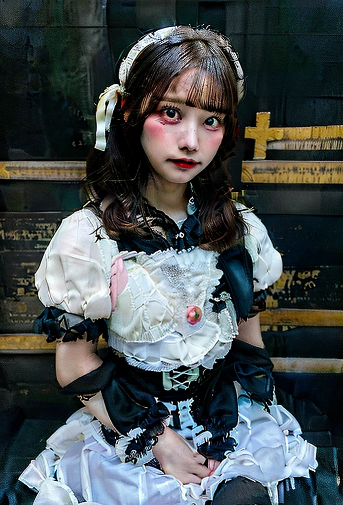 8K, Raw photo, Photorealistic, Realistic, (Detailed skin, Best Quality:1.2), (Baby face, Fairer skin, petite body), Teenage girl, (light blonde long_hime_cut_hairstyle), (Full body shot), White sweetlolita Dress, Abandoned hotel, cracked wall, sitting on the bed, cinematic lighting