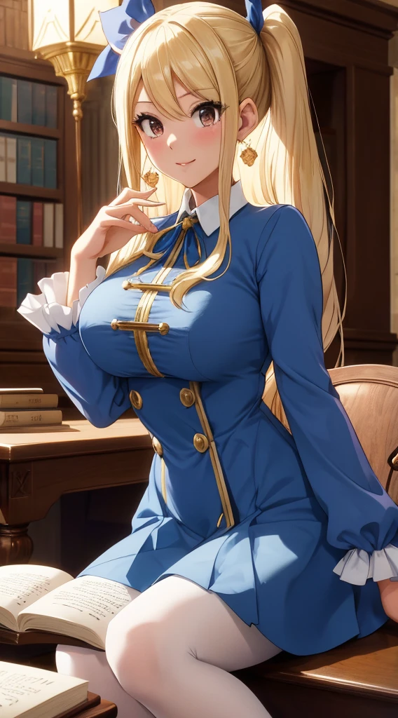 (Medium portrait:0.7), (best illuminate:1.1), (coiffed blonde hair:1.1), 1个Giant Breast Girl, Wolf ears, serious smile, Complex:0.6, medium, (ayaka:1.2), in the middle of the library, looking at book, Chopping:0.8, (canineteeth:0.4)