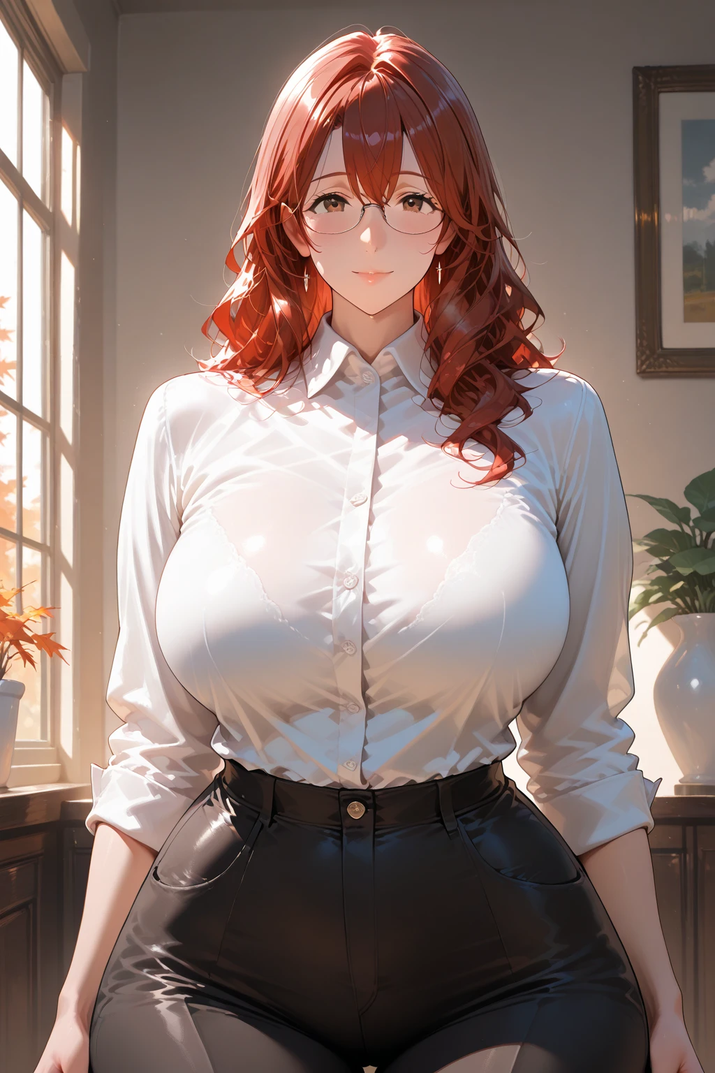 1girl, natural lighting, masterpiece, highly detailed, illustration, game CG, absurdres, high quality, beautiful detailed eyes, glossy lips, natural lighting, medium breasts, redhead, curly hair, ponytail, bangs, green eyes, freckles, white shirt, standing, school, pleated black miniskirt, smirk