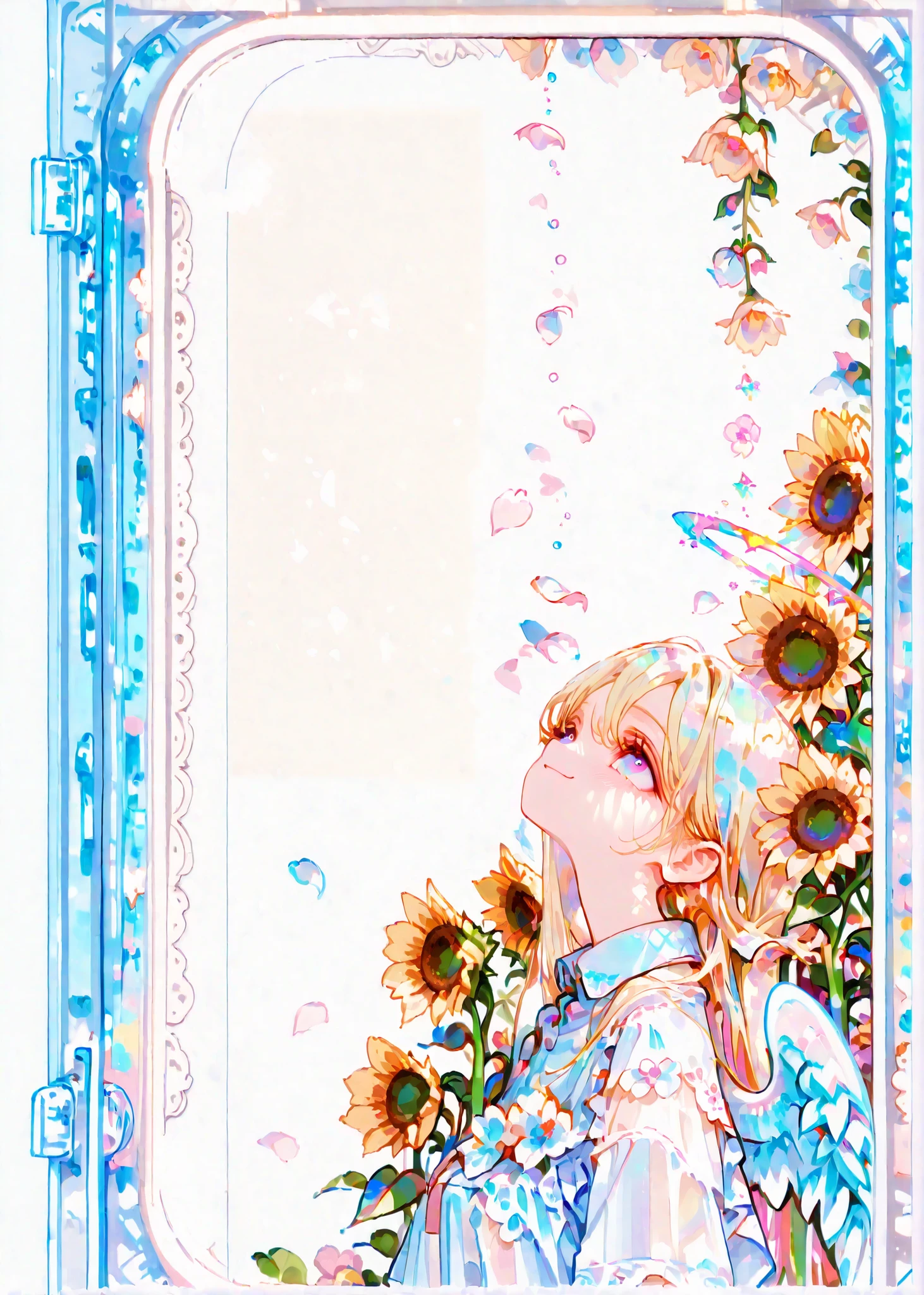 abstract, (no_lineart :1.2), (minimalism :1.2), (very detailed pixel art :1.2), (delicate pixel illustrations :1.2), (illustrations without sharp edges :1.2), (fine pixels :1.2), flat color, Pastel colors, sketch style, watercolor pencil drawing, very wide shot, seaside, colorful, wide shot, 

1girl, solo, gold hair, long hair, from side, looking up at the sunflower, sleeveless shirts, collared shirts, (angel wings :1.5), petals, falling petals, flower trim, (smile :1.2), love like a sunflower, after the rain, soft sunlight, sea streets, summer sunshine, fluffy cumulonimbus, gentle atmosphere, warm air, calm roads, the scent of flowers, light movements, 

masterpiece, (detailed beautiful face and eyes :1.2), highly detailed background, elaborately designed clothes, elaborately designed angel wings, beautiful angel wings, shiny angel wings,