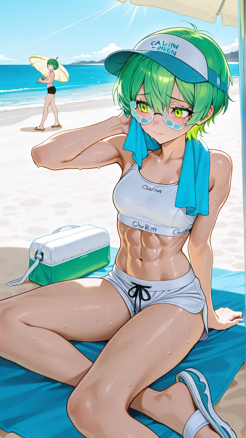 Tatsumaki ,1girl , anime , masterpiece , green color hair , sweat , sexy , sport bra , small breasts , sexy, dolphin shorts , long socks , shy , blush , sexy body , bodybuilding gym . Standing.