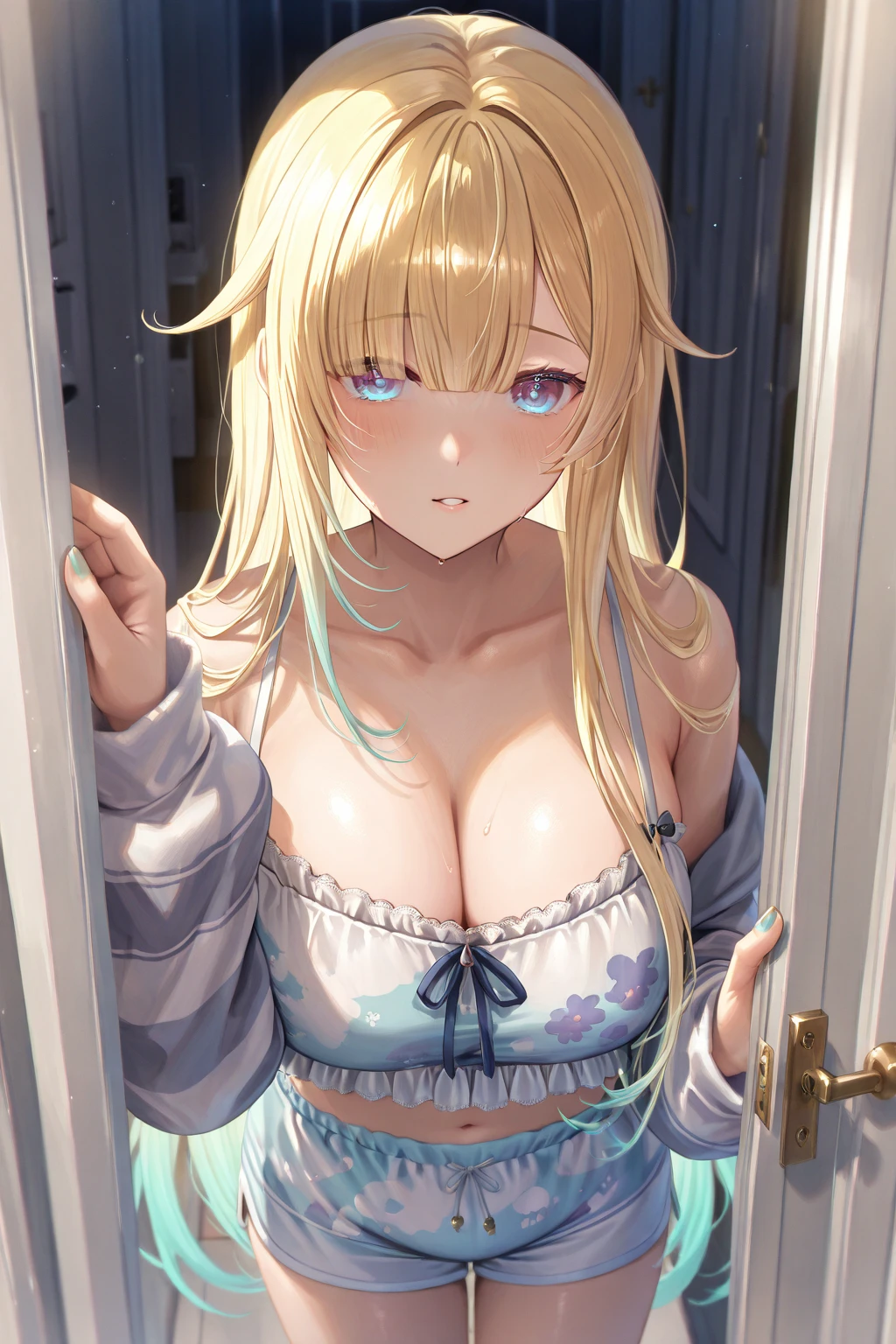 1girl,masterpiece, best quality, high resolution, green eyes, blue criss-cross halter, criss-cross halter, big breasts, nice breasts, pretty, blonde hair, blonde, ahoge bedroom, room, 