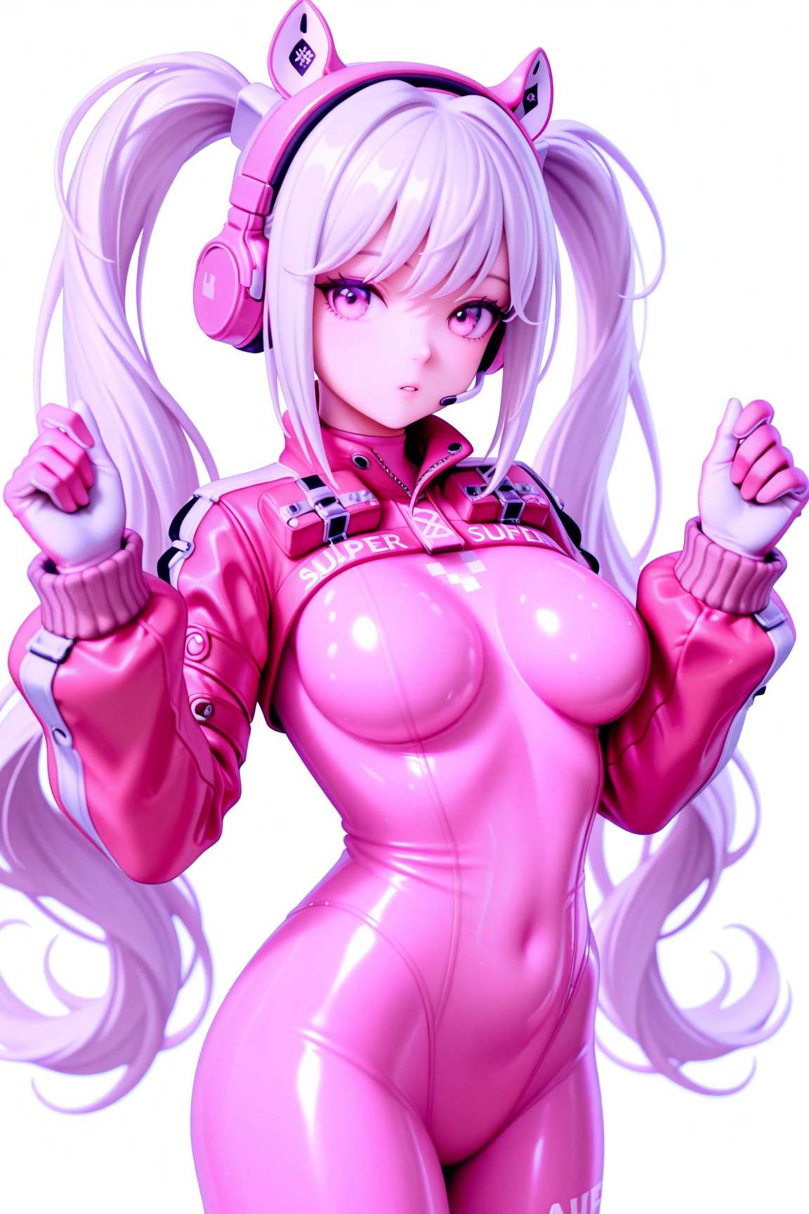 (RAW photo, Best quality, Mastery:1.2), (Realistic, photo-realistic:1.4),(Masterpiece:1.4),(Best quality:1.4),1girll, Solo, :D, Ear headphones, beast ear, Arms up,By bangs,Be red in the face,Tights,nedium breasts,rabbit pose,Clothes writing,Cover the navel,cowboy lens,fakeanimalears,mitts,exteriors,Morning,Yuki,hair intakes,Earphone,impossible bodysuit,Impossible clothes,huge tit,latex,latex body suit,long whitr hair,longer sleeves,looking at viewert,huge tit,Multicolored gloves,with her mouth open,Black tight-fitting top,Pink eyes,red color eyes,shinning clothes,shrugged shoulders\(The clothes ar\),side locks , tight-fitting, ssmile, Thigh crevices, upper legs, dual horsetail, Very long hair, whitegloves, White hair, Alice\(Nikke\),(Shiny skin), realisticlying,