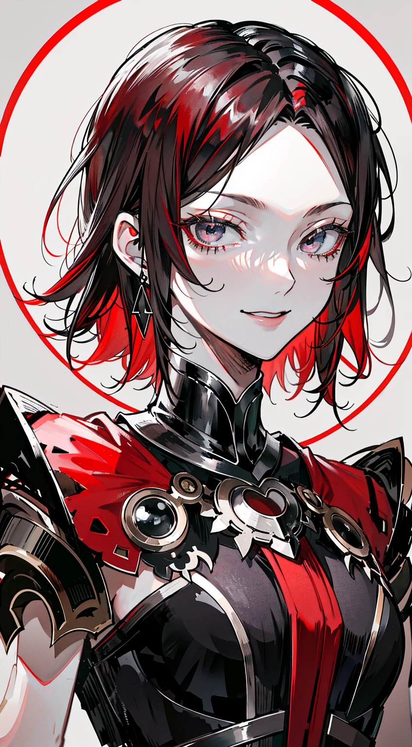 in style of Harry Clarke,character concept design,half body, (ROSE HEAD:1.5) (no face:2.0) paladin,angry,crazy smile，fighting pose，Magic Effects，Metallic details，Red tone，Unknown background，perfect hands,Core Art，The art of spray painting，Splash Art
