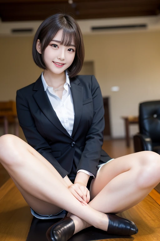 top-quality, masterpiece, 1girl in, beautiful countenance, (photographrealistic:1.3), Rim lighting, (High Detail Skins:1.2), Digital SLR, hightquality, hight resolution, bokeh dof, absurderes, best ratio four finger and one thumb, (realisitic:1.3), pretty 1girl, Wearing a black formal blazer, middlebreasts, a short skirt、Brown hair、Bob Hair、Sareme、Slimed、fullllbody、Detailed fingertips、One lady、独奏、Dressing、beauty legs、Dressing