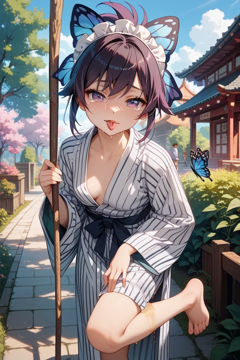 (Representative work: 1.2), (Best quality: 1.2), Solo, Only Daughter, Shinobu Little Butterfly, Happy Smile, large breasts,Thin Japan Katana, (White shirt: 1.4), Face, Realistic eyes, Lilac eyes, Wet face, Black hair, (Butterfly panties: 1.5), Micro panties, Taisho era, from below, spread your legs, lift your skirt, show off your panties, lift yourself,ultra miniskirt,(dynamic pose:1.2)