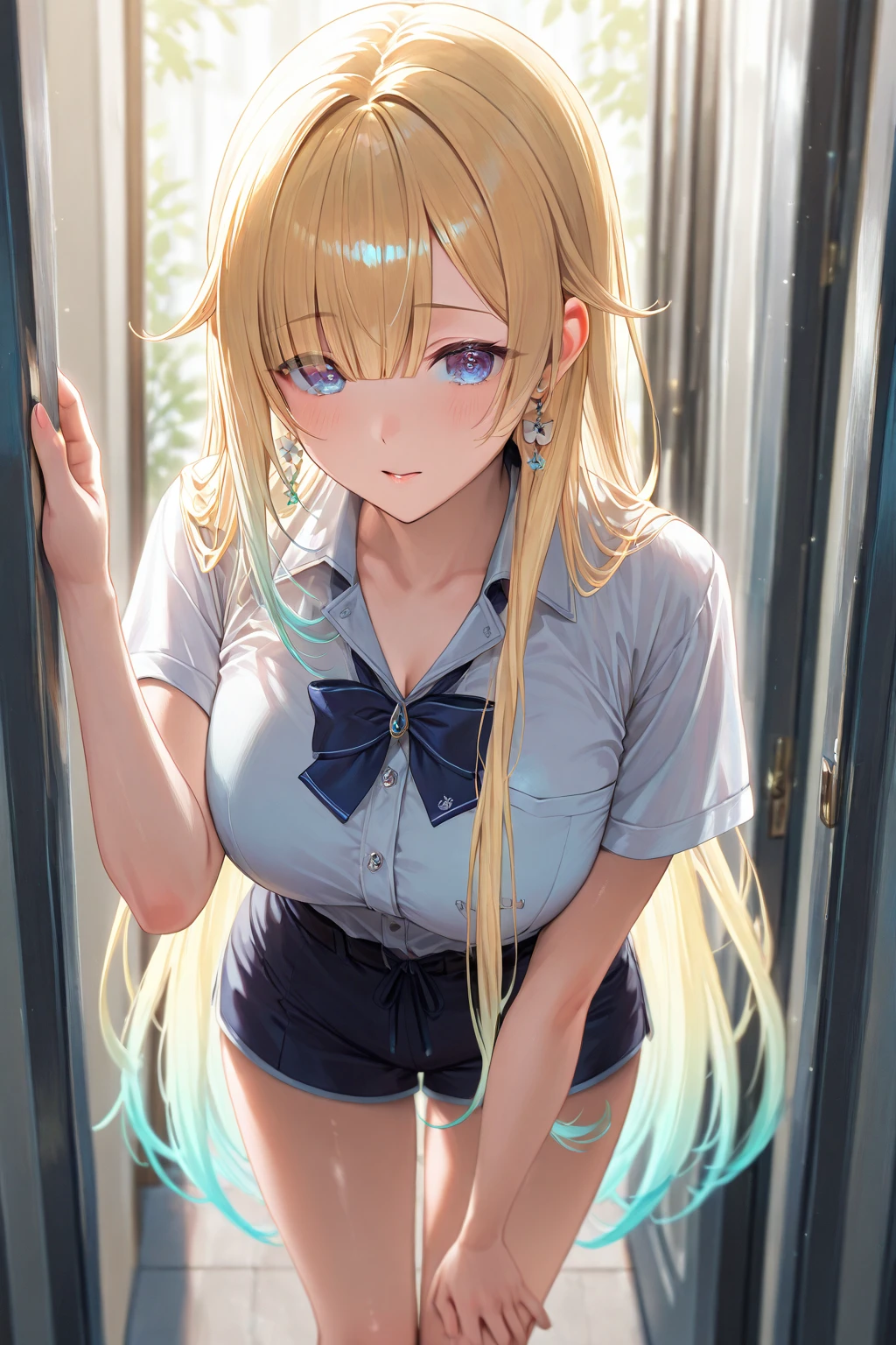 Portrait, official art, best masterpiece, best quality, best resolution, 8K, best detailed, (perfect anatomy:1.3), (looking at viewer)
BREAK
Cowboy shot, Kneeling
BREAK
aizawa ema, long hair, gradient hair, blond hair, hair ornament, earrings, blue eyes, (large breasts:1.2), solo, 1woman, (white shirt), naked shirt, shirt tug
BREAK
(blush:1.2), (shy smile)
BREAK
on the bed, (night), (Dim lighting), very detailed 16KCG wallpapers