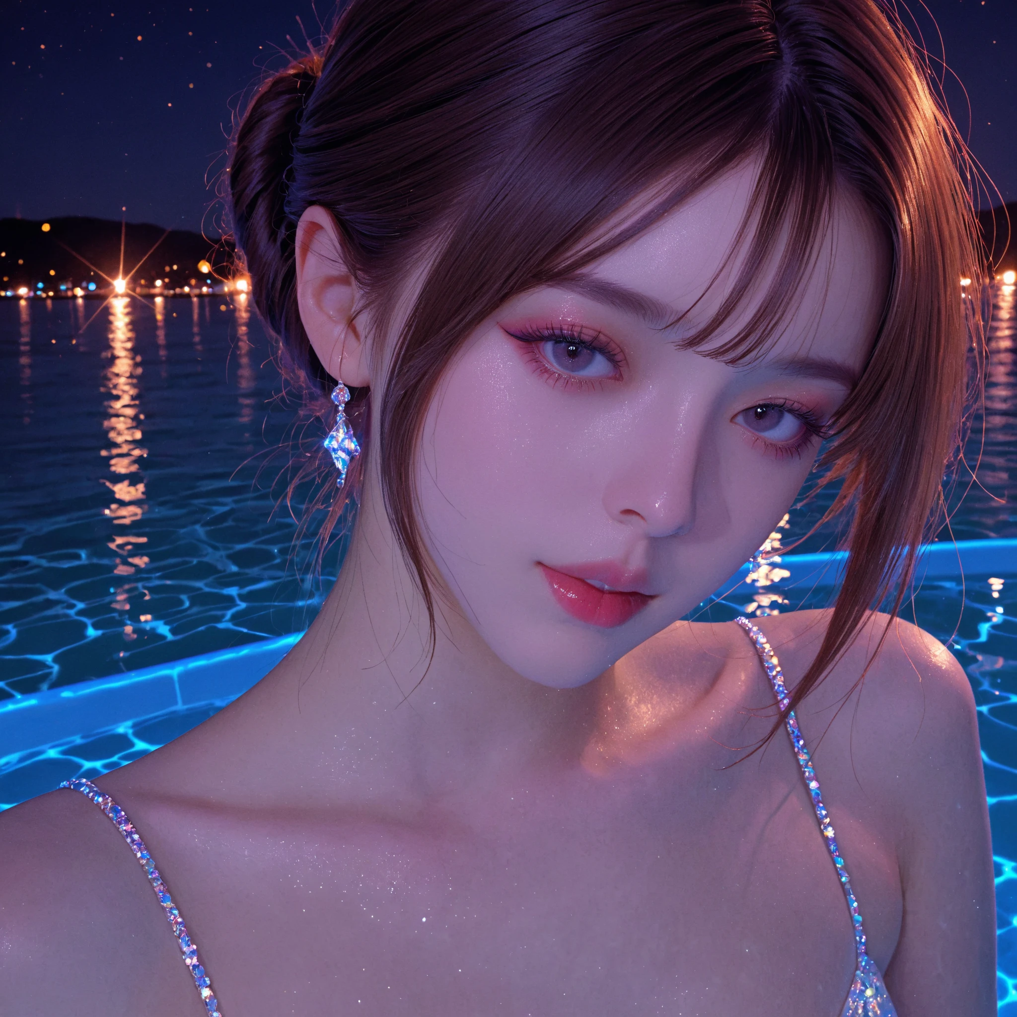 ultra HD,32k,close-up face,entangled by glowing huge star fish, night,pool,RAW photo,ultra realistic photo,beautiful Japanese idol,kawaii,vivid, grow, 16yo,big eyes,detailed skin,clavicle,wavy and medium hair,detailed bikini with geometrc print,floating in pool,necklace,earrings,detailed shadow,gravure,wistful smile, looking back,colorful lighting
