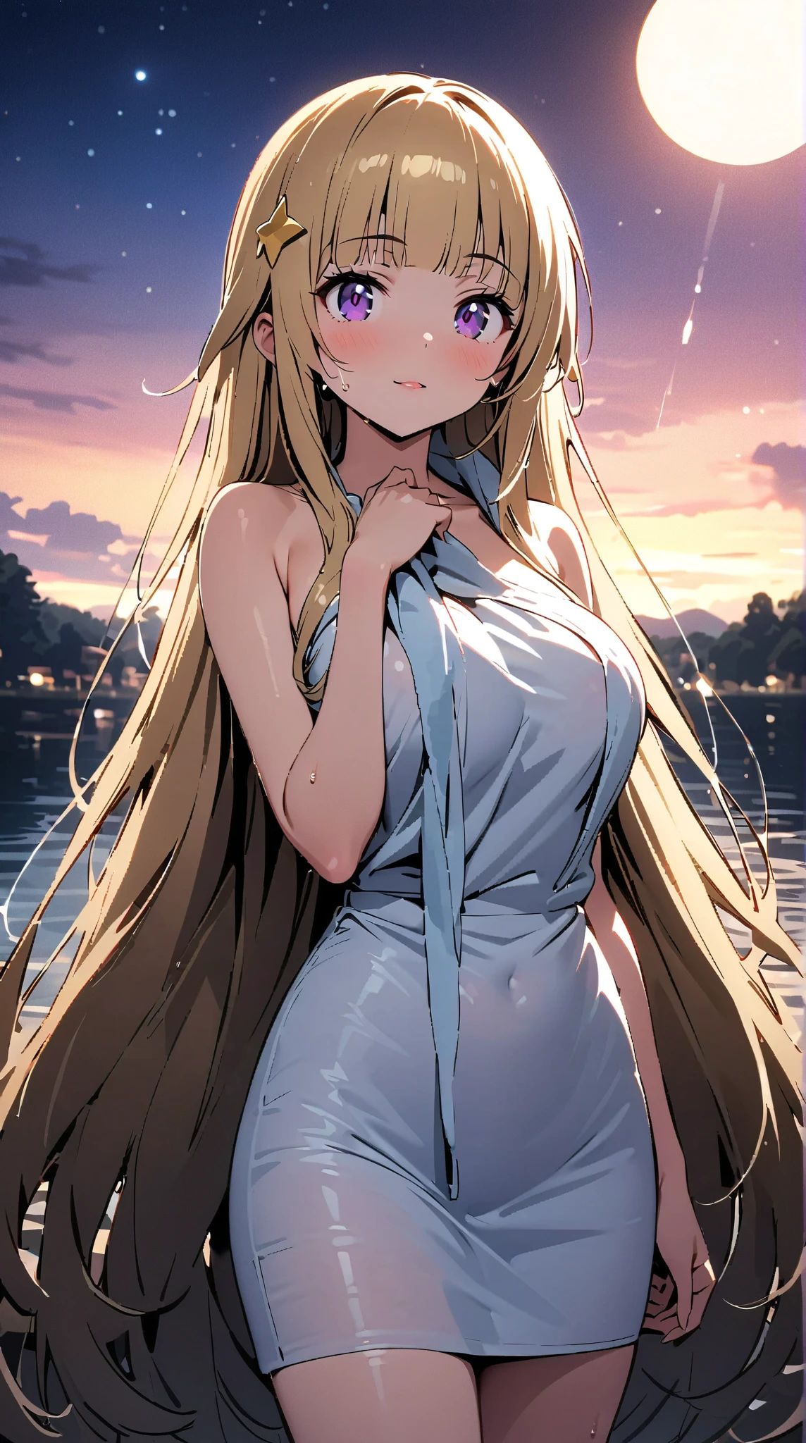 (8k, masterpiece, high quality), 1 girl, delicate skin, real touch, background blur, bare shoulders, medium chest, (printed dress, deep V, split to thigh), gorgeous colors, thin clothes, (wet), delicate figure prominent, sexy, leaking, mysterious and elegant, walking in the garden, (medium photo), necklace, earrings, jewelry, upper body,