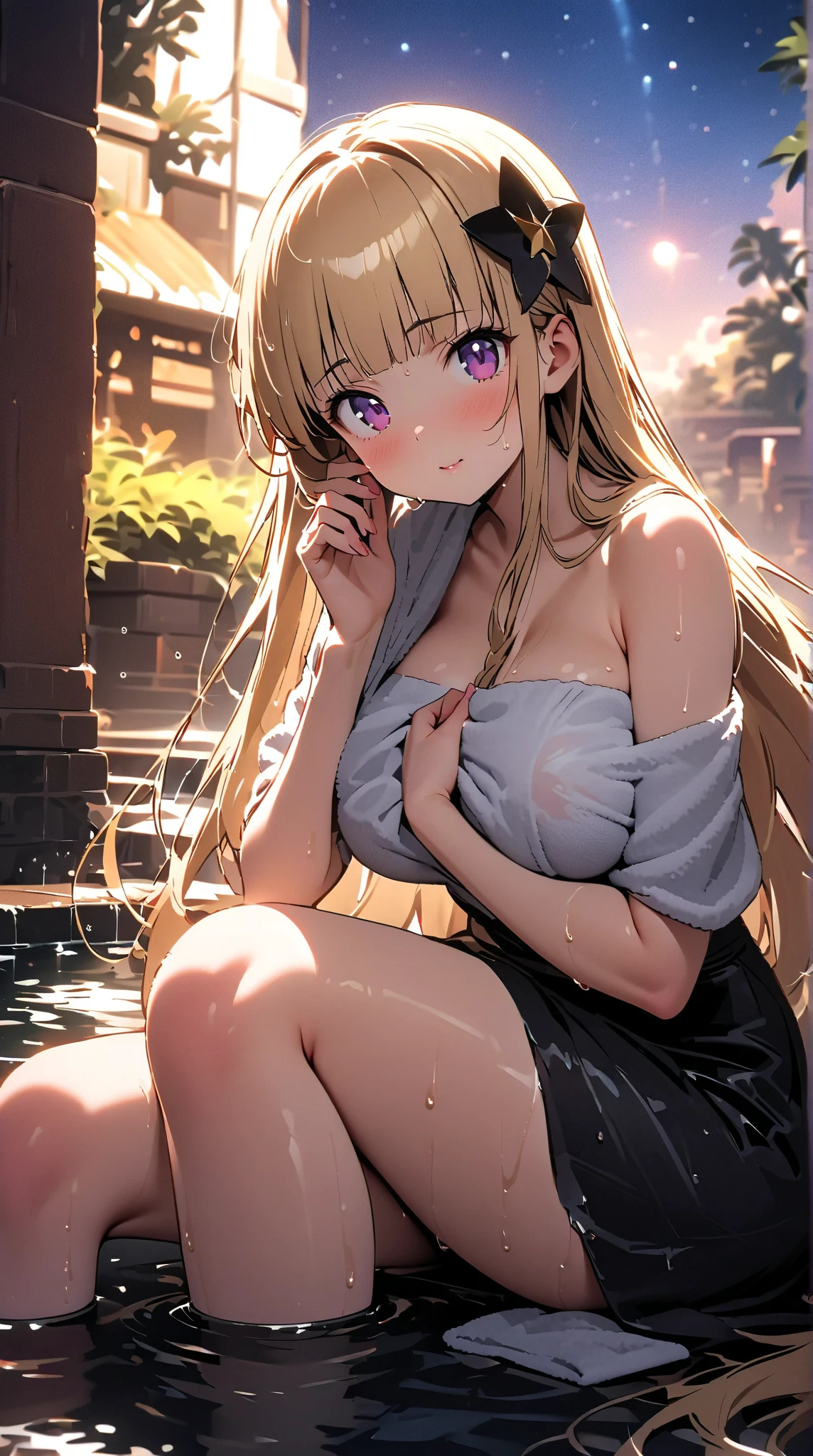 Best quality, cinematic composition, eye-catching shot, intricate details, delicate skin texture, Japanese architecture, atmospheric lighting, steamy hot spring (onsen), alluring and elegant woman with long anime-colored hair, curly hair, traditional sleeveless yukata, big breasts, deep cleavage, gentle curves, gazing adoringly at the viewer, calm and smiling expression.((nsfw, nude, naked, spreading legs, sitting , bedroom, hairy pubic hair, view from front)),
