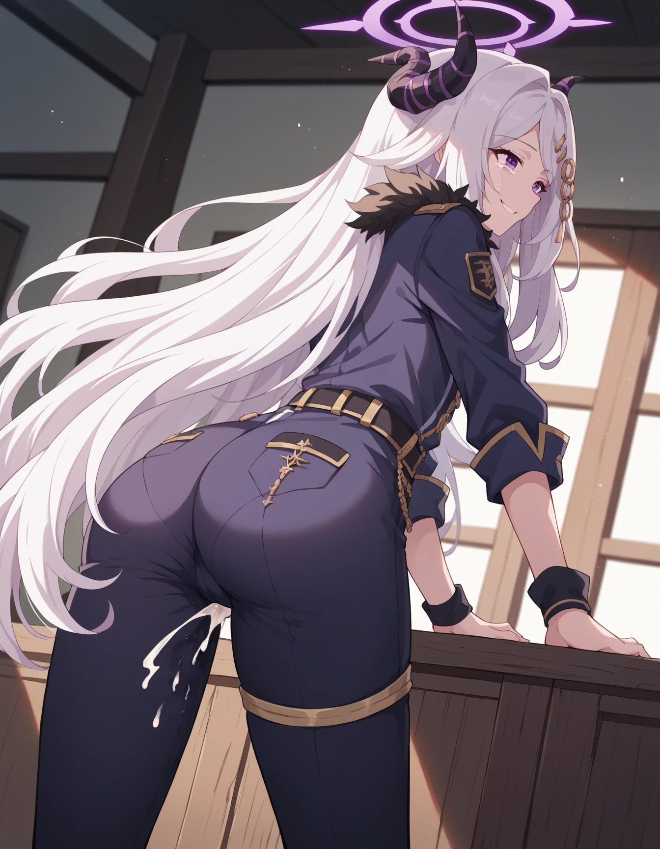 tall athletic adult woman with (white neko ears), and long white hair with colorful holofoil details, she has a mature (human face) with bright blue eyes and a serious thoughtful expression, BREAK fully clothed with a long coat, a hat (between her white cat ears), and a formal navy dress uniform that covers her strong thighs BREAK standing in a battlefield trench with a dynamic pose, calling out orders to her cyborg knights with a dramatic gesture, absurdes, extremely detailed face and eyes, 4k, dynamic shadows