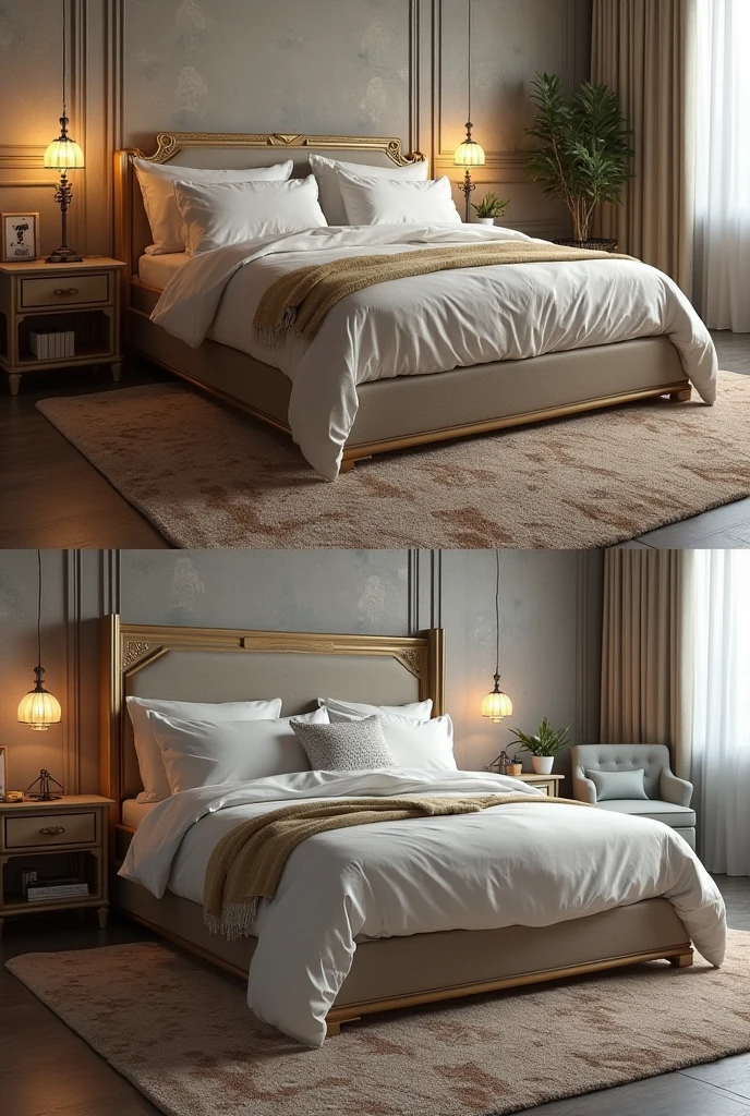 Nordic style、Soft bed、coffee table、Bedside tables、vases、Suspended paintings、dressers、Square glass window、wooden furniture、wardrobe、Intricate carving、an oil painting。Warm colors、award winning masterpiece with incredible details、huge window --v 6