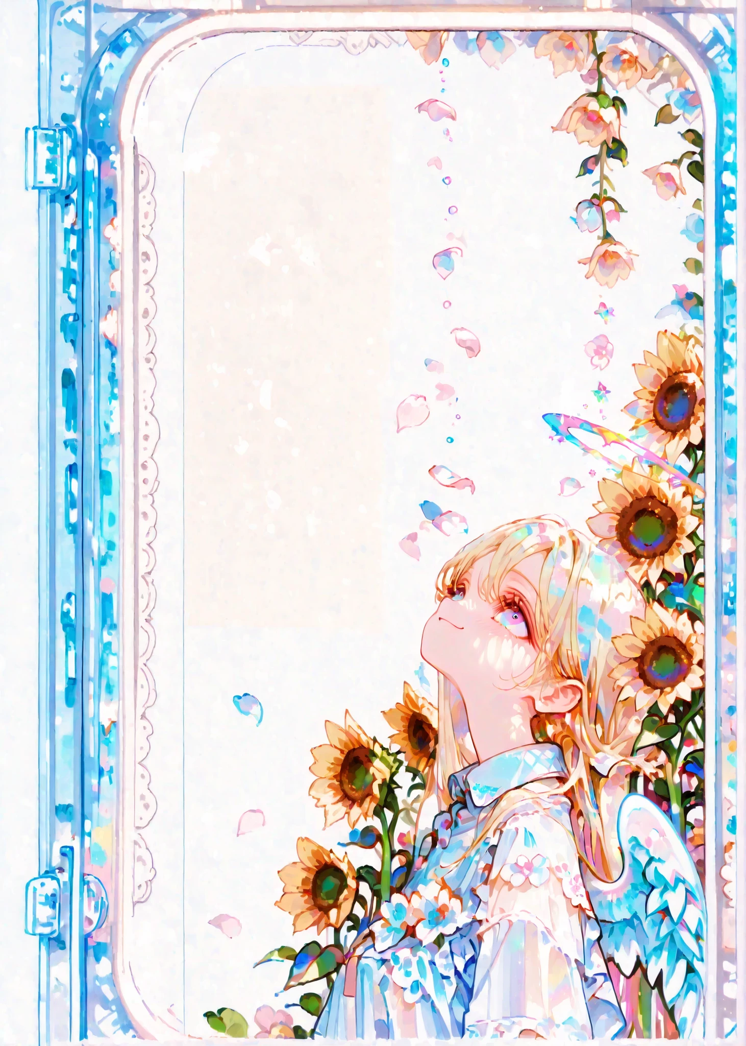 abstract, (no_lineart :1.2), (minimalism :1.2), (very detailed pixel art :1.2), (delicate pixel illustrations :1.2), (illustrations without sharp edges :1.2), (fine pixels :1.2), flat color, Pastel colors, sketch style, watercolor pencil drawing, very wide shot, seaside, colorful, wide shot, 

1girl, solo, gold hair, long hair, from side, looking up at the sunflower, sleeveless shirts, collared shirts, (angel wings :1.5), petals, falling petals, flower trim, (smile :1.2), love like a sunflower, after the rain, soft sunlight, sea streets, summer sunshine, fluffy cumulonimbus, gentle atmosphere, warm air, calm roads, the scent of flowers, light movements, 

masterpiece, (detailed beautiful face and eyes :1.2), highly detailed background, elaborately designed clothes, elaborately designed angel wings, beautiful angel wings, shiny angel wings,