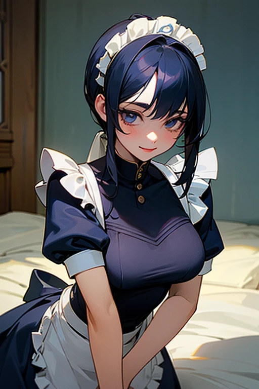 16k, UHD, Hyperrealistic, best quality, high detail, anime style, beautiful woman, maid outfit, very short skirt, short unbuttoned top, exposed stomach, high socks, black hair in a bun, blue eyes, beauty mark, sitting on bed, legs spread, panties exposed, underboob, blushing, large boobs --auto --s2