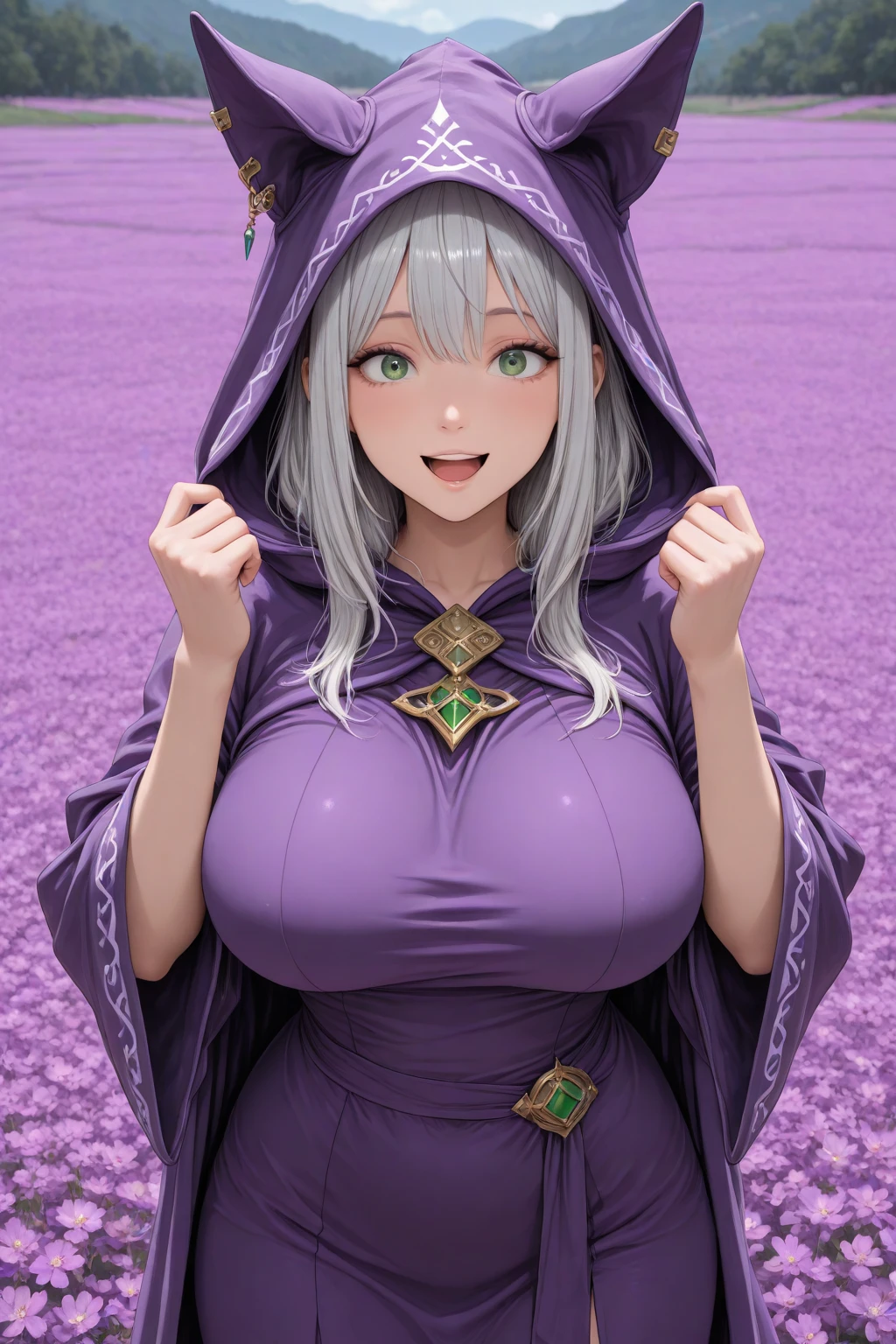 cleavage, (best quality,4k,8k,Altas,master part:1.2),ultra-detalhado,Realistic,Beautiful girl,hijabi,vestido verde,Olhos detalhados, Detailed lips,Rosto extremamente detalhado,long eyeslashes,fundo do jardim,cores laranja,cores verdes claras,cores roxas,lilac colors,cores amarelas,cores azuis claras.
