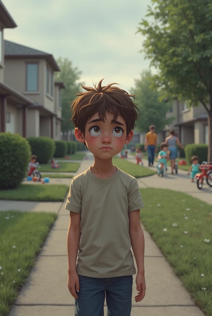 Brown haired, blue eyed boy wearing a black t-shirt and baggy jeans and black and white sneakers , walking through a quiet, small town. The town is peaceful, with tree-lined streets, modest houses, and a park in the background. Alex looks thoughtful, as if he's keeping a secret. The atmosphere is calm and slightly nostalgic, capturing the essence of an ordinary life with a hint of mystery