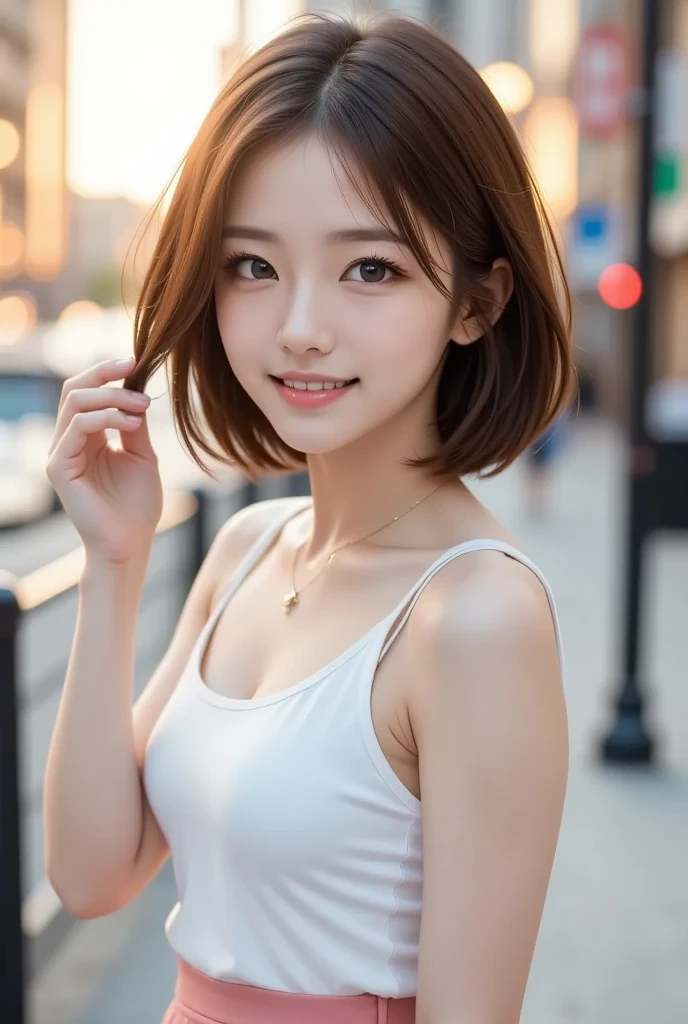 Cute 21 year old Japanese、shopping、Ultra-detailed facial features、Attention to detail、double eyelid、Beautiful and thin nose、Sharp Focus:1.2、beauty:1.4、(Light Brown Hair、Short Hair、)、Pure white skin、highest quality、masterpiece、超High resolution、(Photorealistic:1.4)、High resolution、Professional Lighting、nice smile、please show me your whole body、Casual pants、Colorful spring clothes、