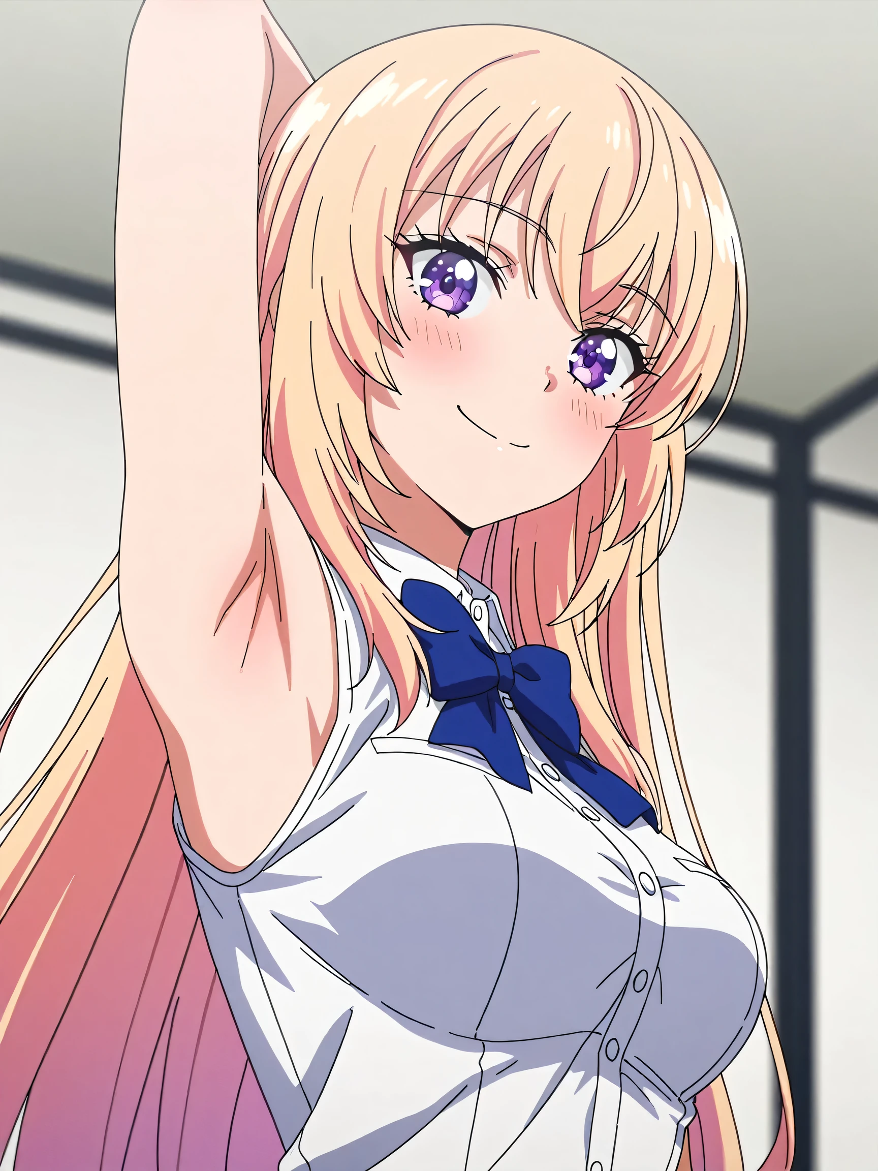 masterpiece, best quality, amazing quality, anime screencap, anime coloring, blurry background, 1girl, solo, suzune yjhonami, blonde hair, very long hair, purple eyes, medium breasts, blue bow, white sleeveless shirt, collared shirt, buttons, bare shoulders, arm behind head, armpit, armpit focus, head towards viewer, (looking at viewer:1.1), cheerful smile, blush, closed mouth, from side, from below, white background, simple background
